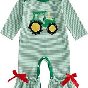 Adorable Newborn Baby Girl Tractor Jumpsuit: Striped Bell Bottom Romper 0-6mo